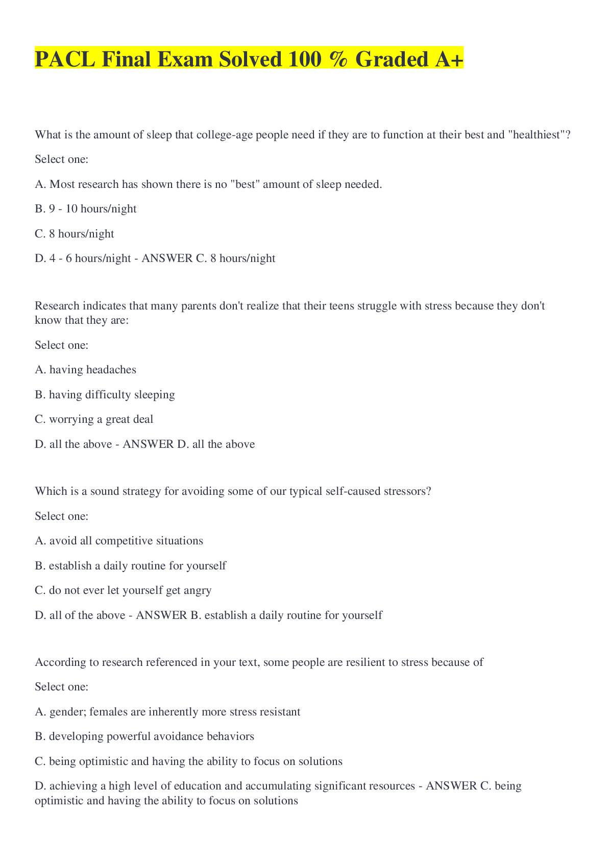 Preview image for PACL Final Exam Solved 100 % Graded A+